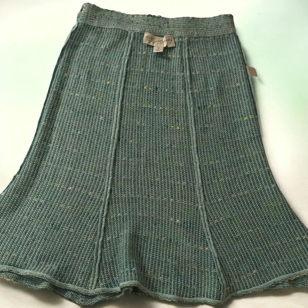 ST JOHN Collection Vintage Teal Blue Textured Knit Flared Midi Skirt Size 0 USA